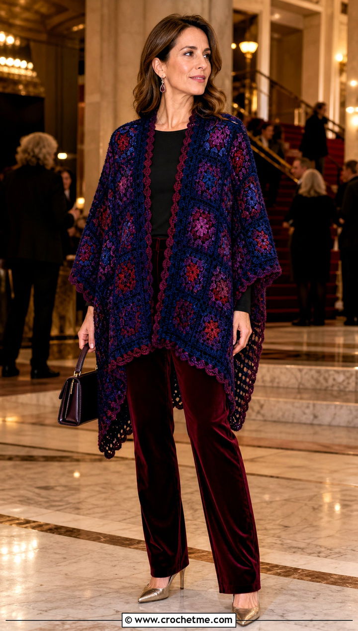 Jewel Tone Granny Square Ruana With Velvet Pants - 25 Granny Square Ruana outfit ideas