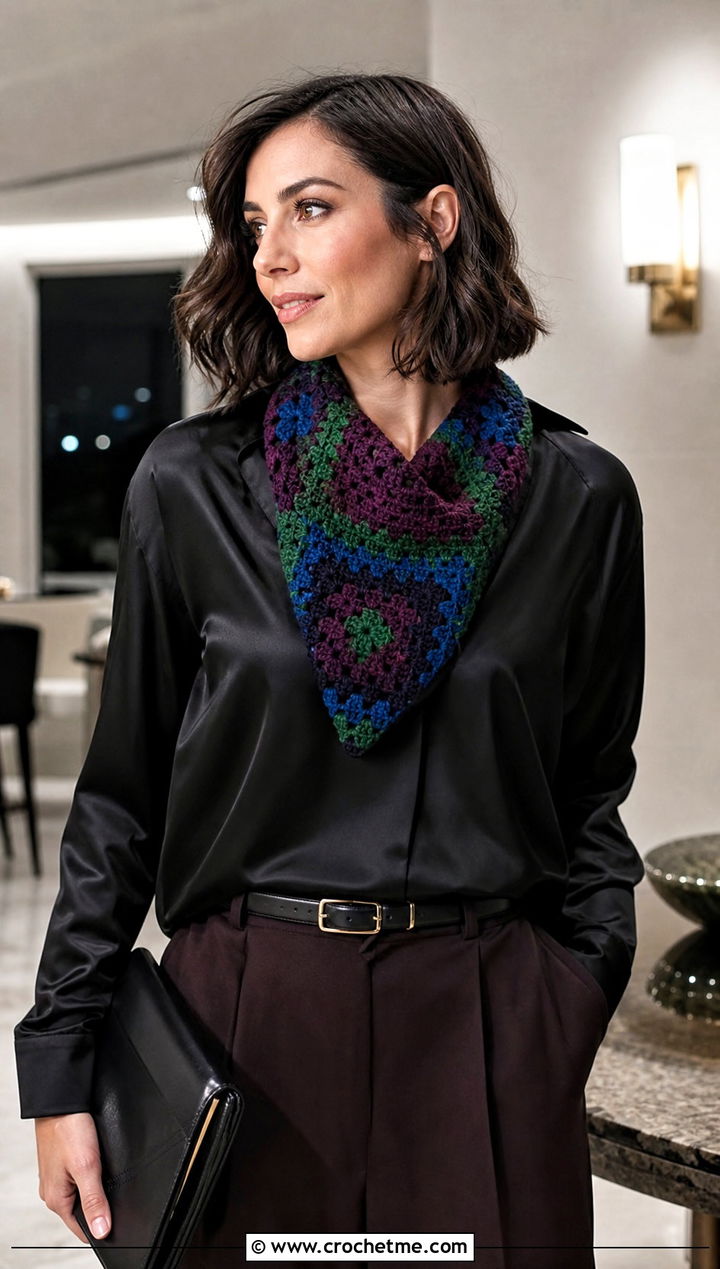 Jewel Tone Granny Square Scarf With Satin Blouse And Wide Leg Pants - 30 crochet granny square scarf outfit ideas