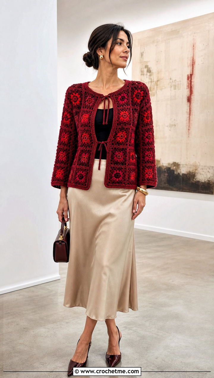 Jewel Tone Granny Square Tie Cardigan With Satin Skirt - 25 Granny Square Tie Cardigan outfit ideas