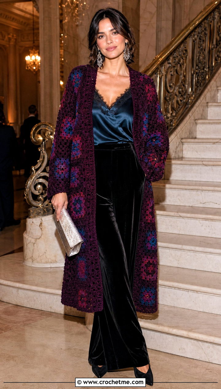 Jewel Tone Oversized Granny Square Cardigan With Velvet Pants - 25 Oversized Granny Square Cardigan outfit ideas