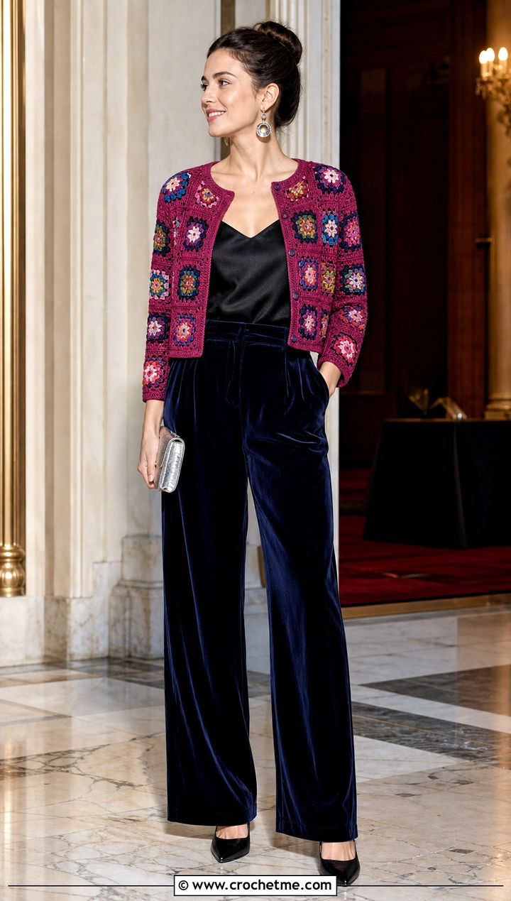 Jewel Tone Small Granny Square Cardigan With Velvet Trousers - 25 Small Granny Square Cardigan outfit ideas