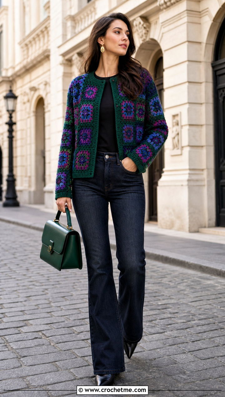 Jewel Tone Square Cardigan With Dark Wash Jeans - 30 crochet square cardigan outfit ideas