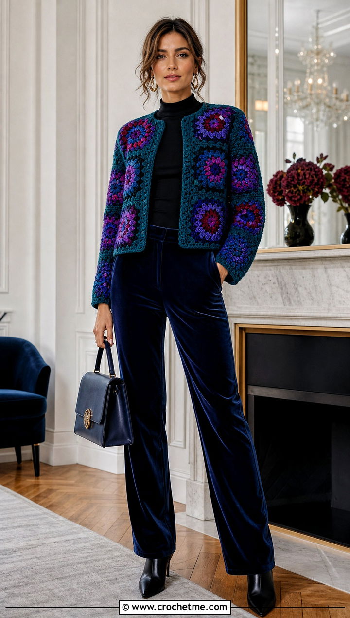 Jewel Tone Square Jacket With Velvet Trousers - 30 crochet square jacket outfit ideas