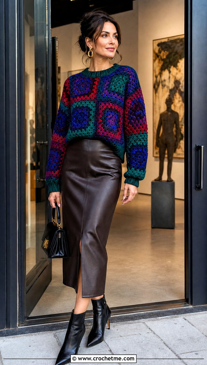 Jewel Tone Tom Daley Crochet Sweater With Faux Leather Skirt - 25 tom daley crochet sweater outfit ideas