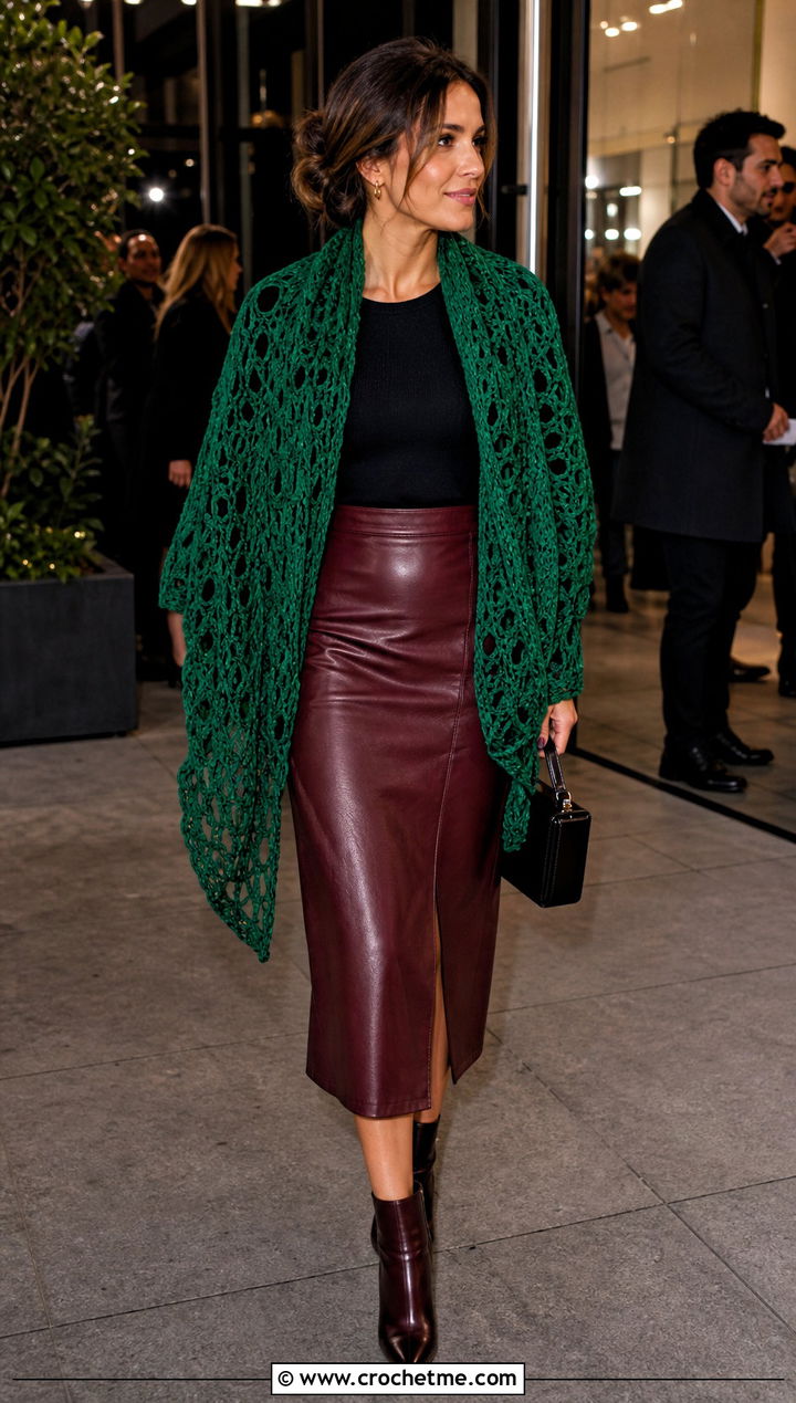 Jewel Tone Virus Shawl With Leather Skirt - 35 crochet virus shawl outfit ideas