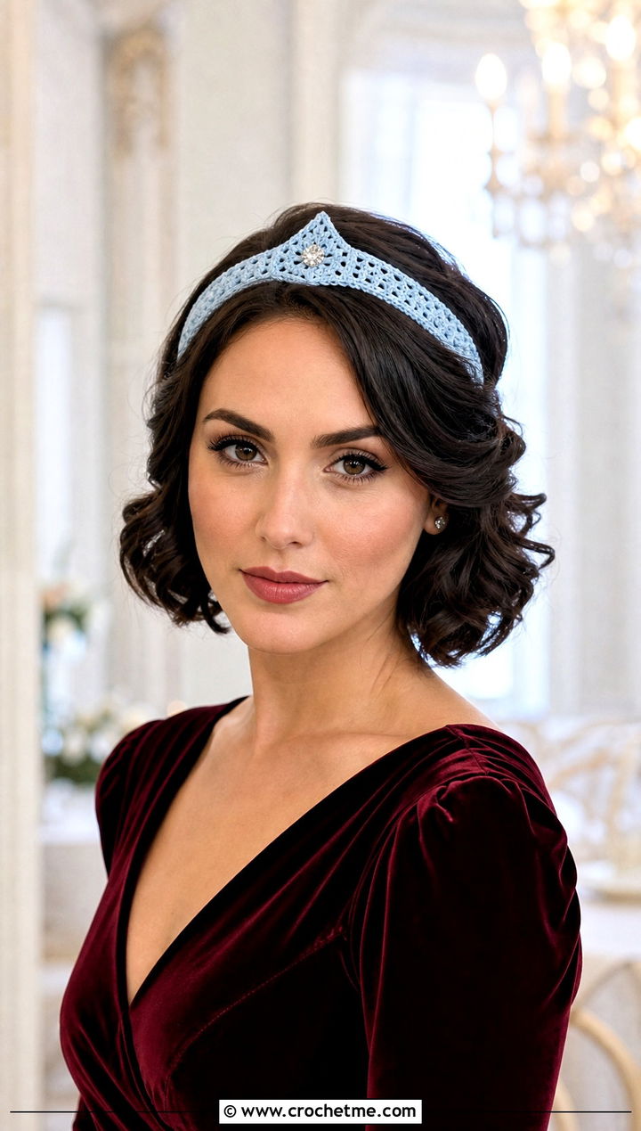 Jeweled Center Crochet Tiara Headband With Velvet Dress - 30 crochet tiara headband outfit ideas