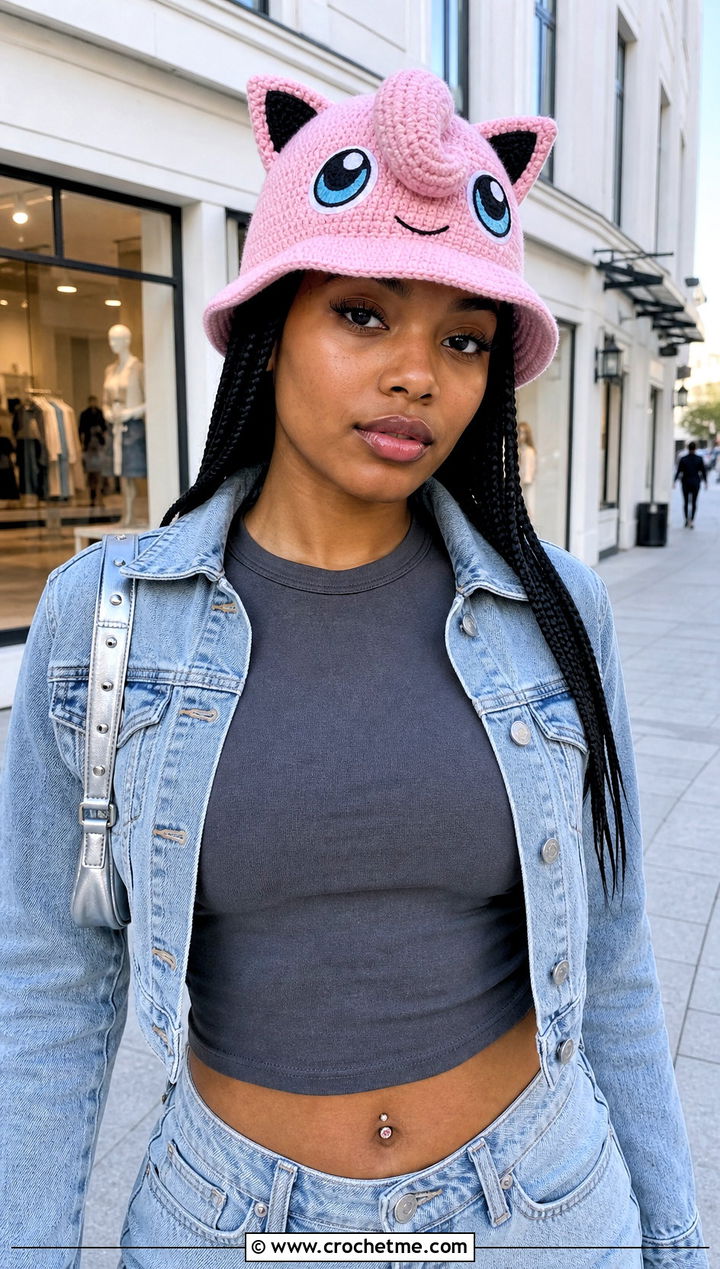 Jigglypuff Ear Crochet Pokemon Bucket Hat With Denim Maxi Skirt - 15 Crochet Pokemon Bucket Hat outfit ideas