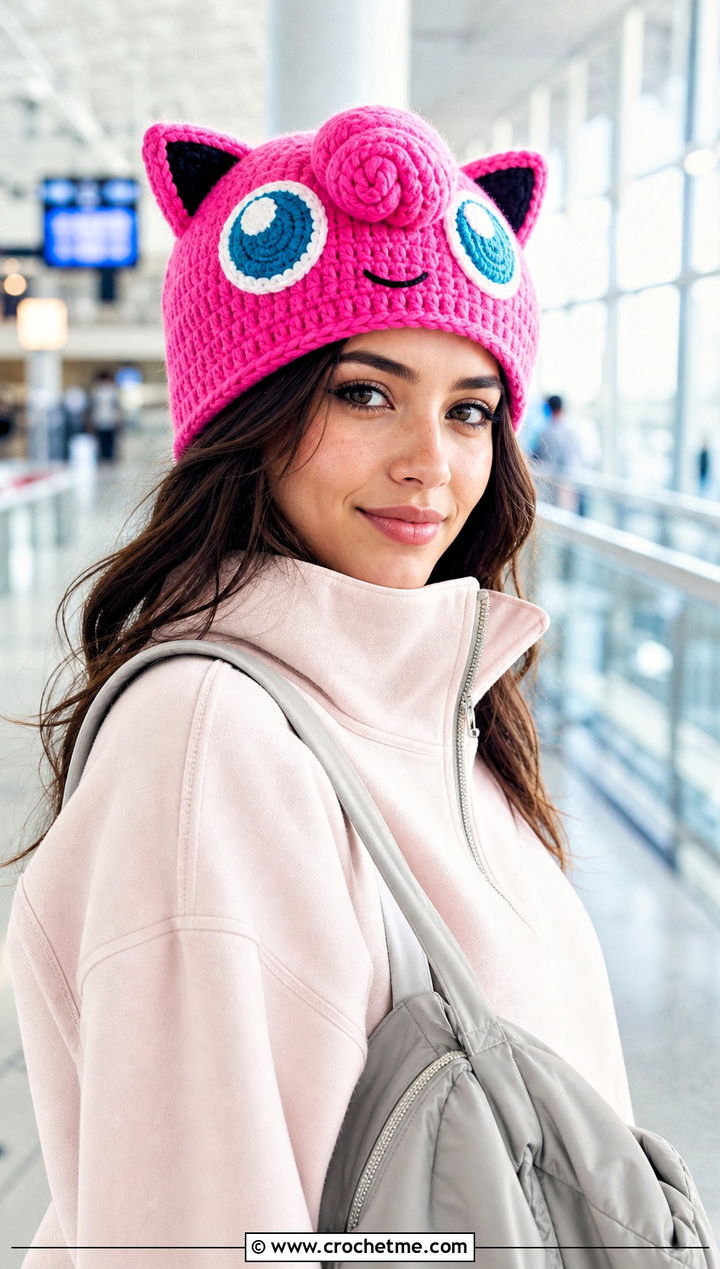 Jigglypuff Round Ear Beanie With Monochrome Sweats - 30 crochet pokemon beanie outfit ideas