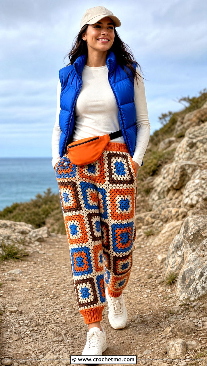 Jogger Cuff Granny Square Crochet Pants With Puffer Vest - 25 Granny Square Crochet Pants outfit ideas