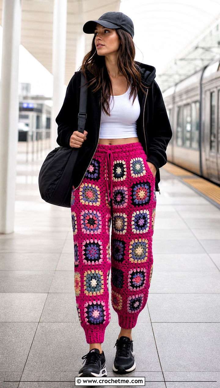 Jogger Granny Square Trousers With Cropped Hoodie - 35 granny square trousers outfit ideas