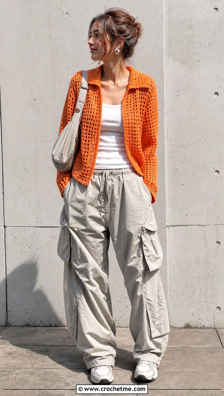 Johnny Collar Crochet Jacket With Cargo Pants - 25 Crochet Jacket With Collar outfit ideas