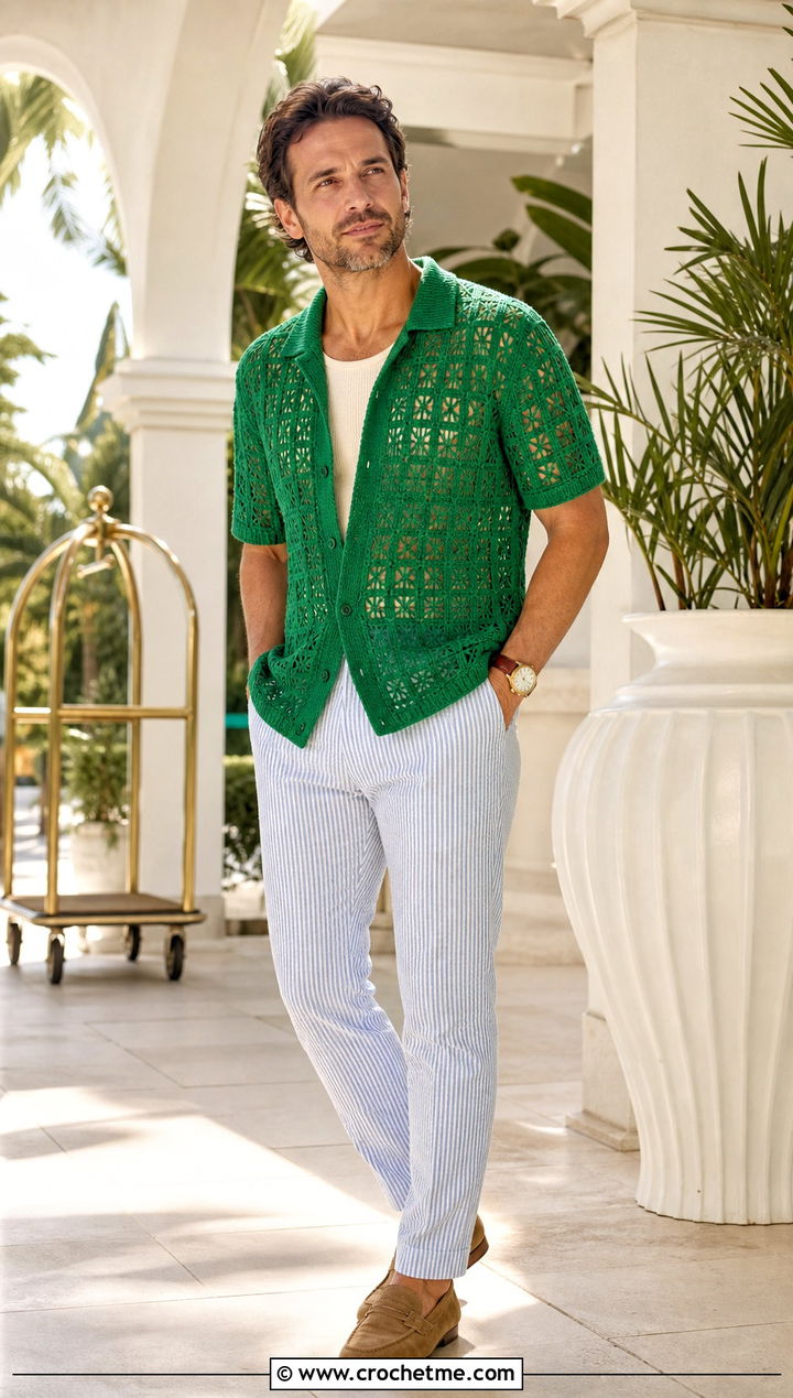 Johnny Collar Crochet Mesh Shirt With Seersucker Trousers - 25 Men Crochet Mesh Shirt outfit ideas