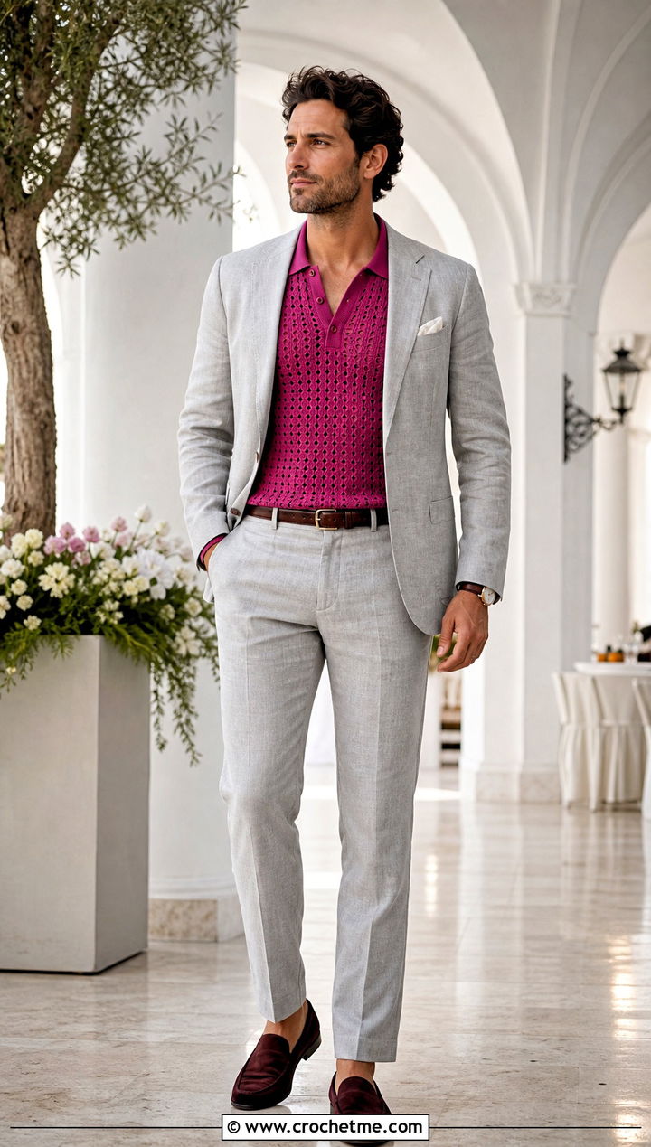 Johnny Collar Crochet Polo With A Linen Suit - 15 crochet tops for men outfit ideas