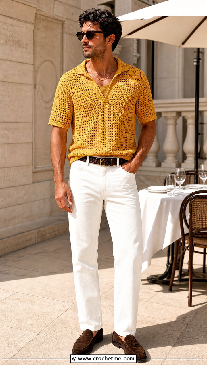 Johnny Collar Crochet Polo With White Jeans - 15 Mens Crochet Polo Shirt outfit ideas