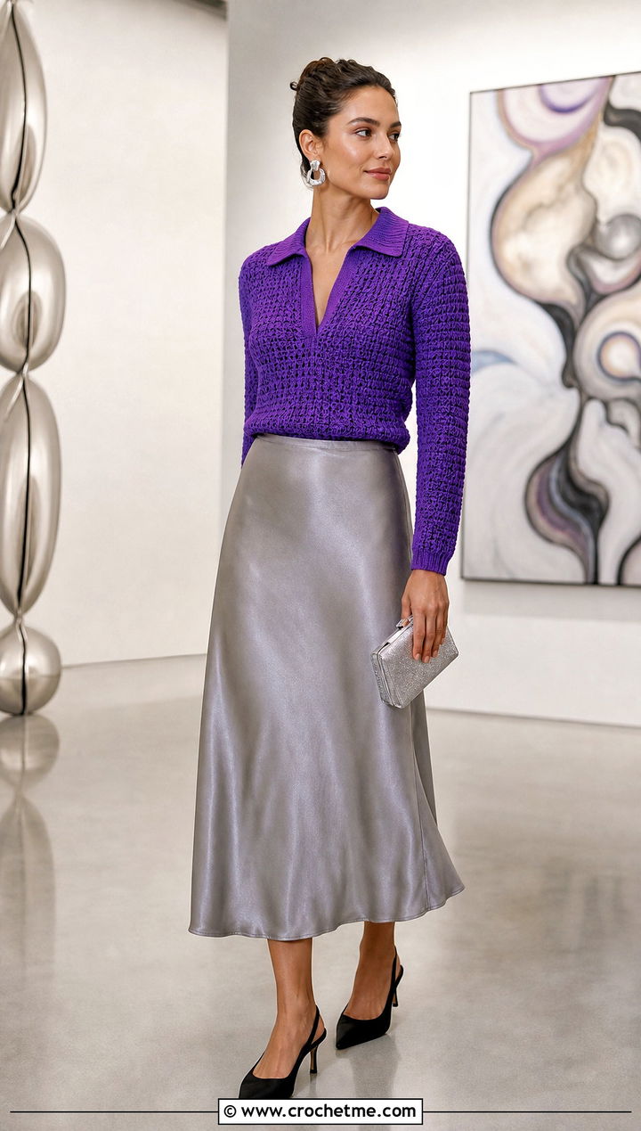Johnny Collar Crochet Sweater With Satin Midi Skirt - 20 Crochet Collared Sweater outfit ideas