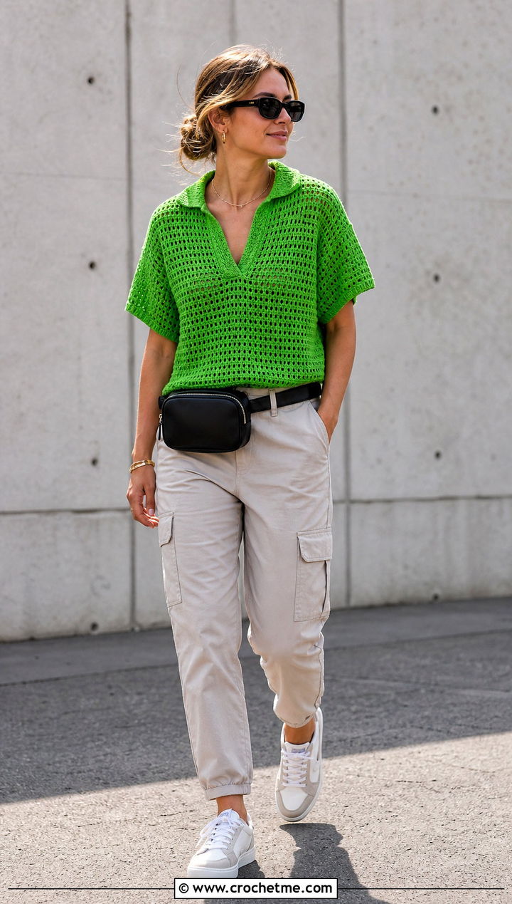 Johnny Collar Crochet Top With Cargo Pants - 25 Crochet Collar Top outfit ideas