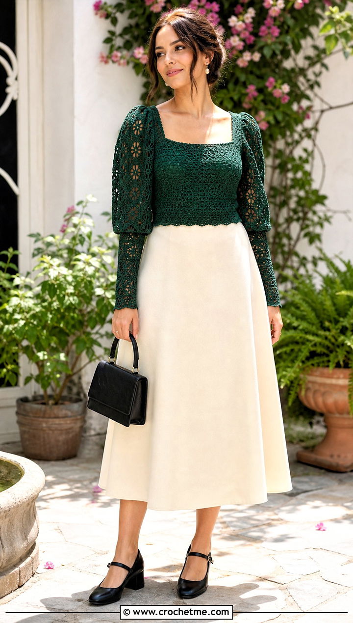 Juliet Sleeve Square Neck Crochet Top With A Line Midi Skirt - 35 crochet tops with sleeves outfit ideas