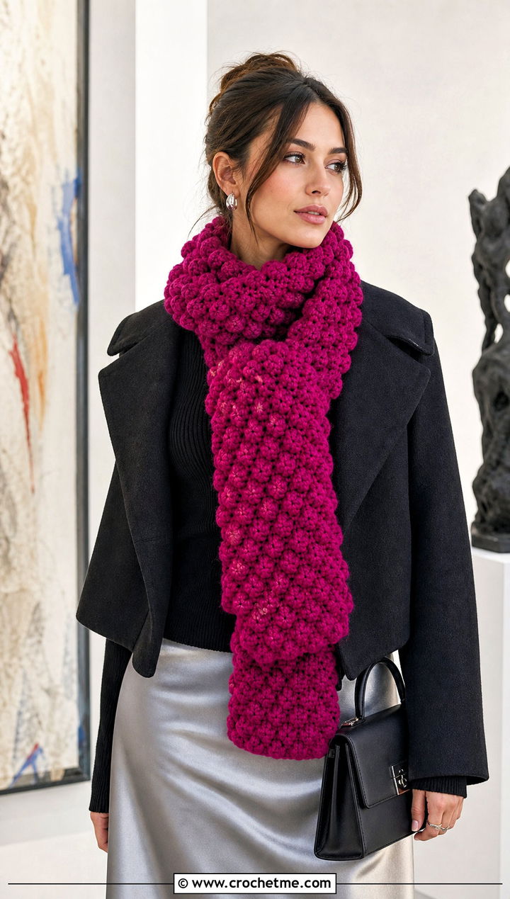 Jumbo Bobble Stitch Crochet Scarf With Satin Skirt - 15 Jumbo Yarn Crochet Scarf outfit ideas
