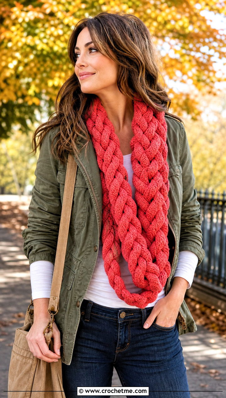 Jumbo Braided Crochet Scarf With Utility Jacket - 15 Jumbo Yarn Crochet Scarf outfit ideas