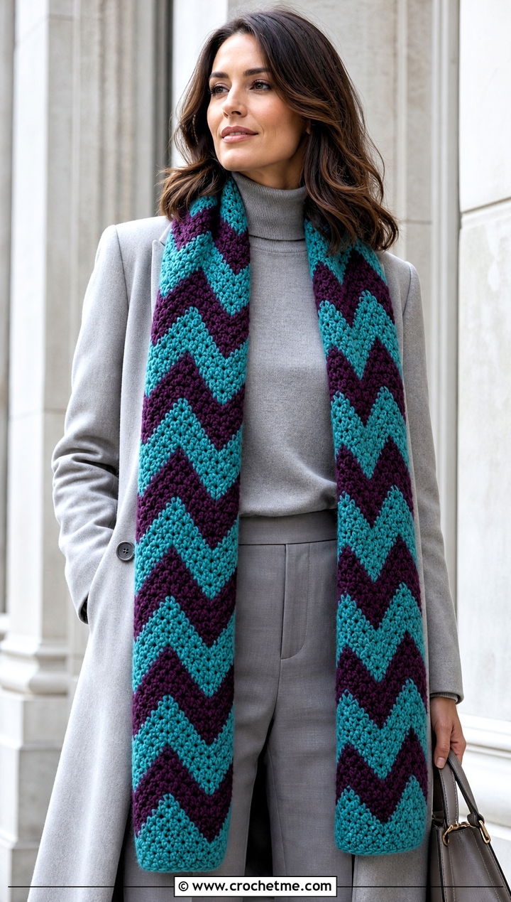 Jumbo Chevron Crochet Scarf With Monochrome Outfit - 15 Jumbo Yarn Crochet Scarf outfit ideas