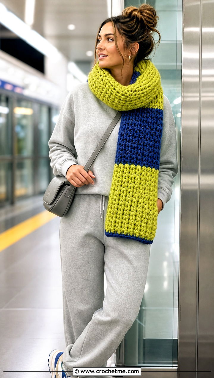 Jumbo Color Block Crochet Scarf With Matching Sweatsuit - 15 Jumbo Yarn Crochet Scarf outfit ideas