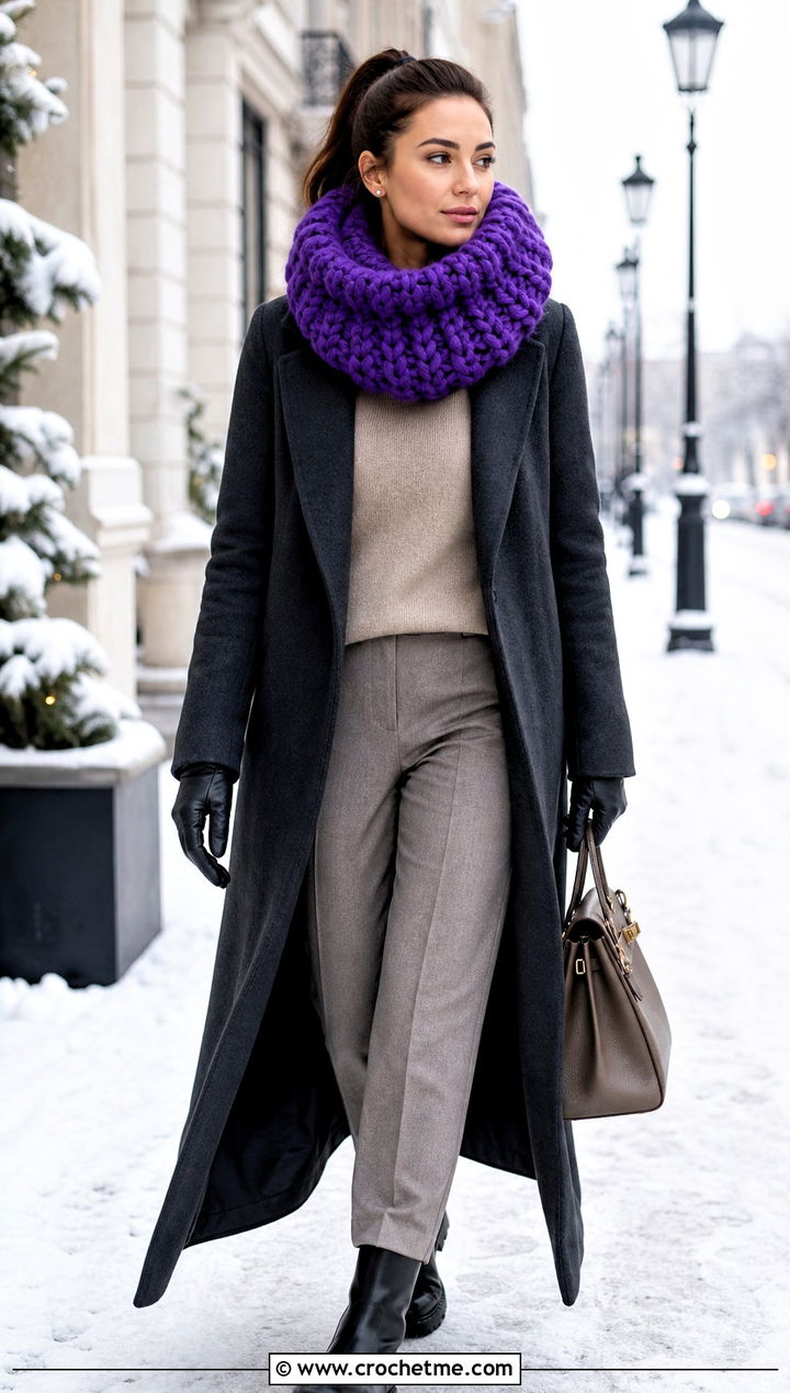 Jumbo Crochet Turtleneck Cowl With Wool Coat - 25 Crochet Turtleneck Cowl outfit ideas