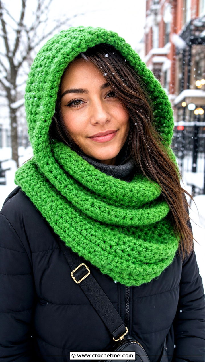 Jumbo Hooded Crochet Scarf With Puffer Jacket - 15 Jumbo Yarn Crochet Scarf outfit ideas