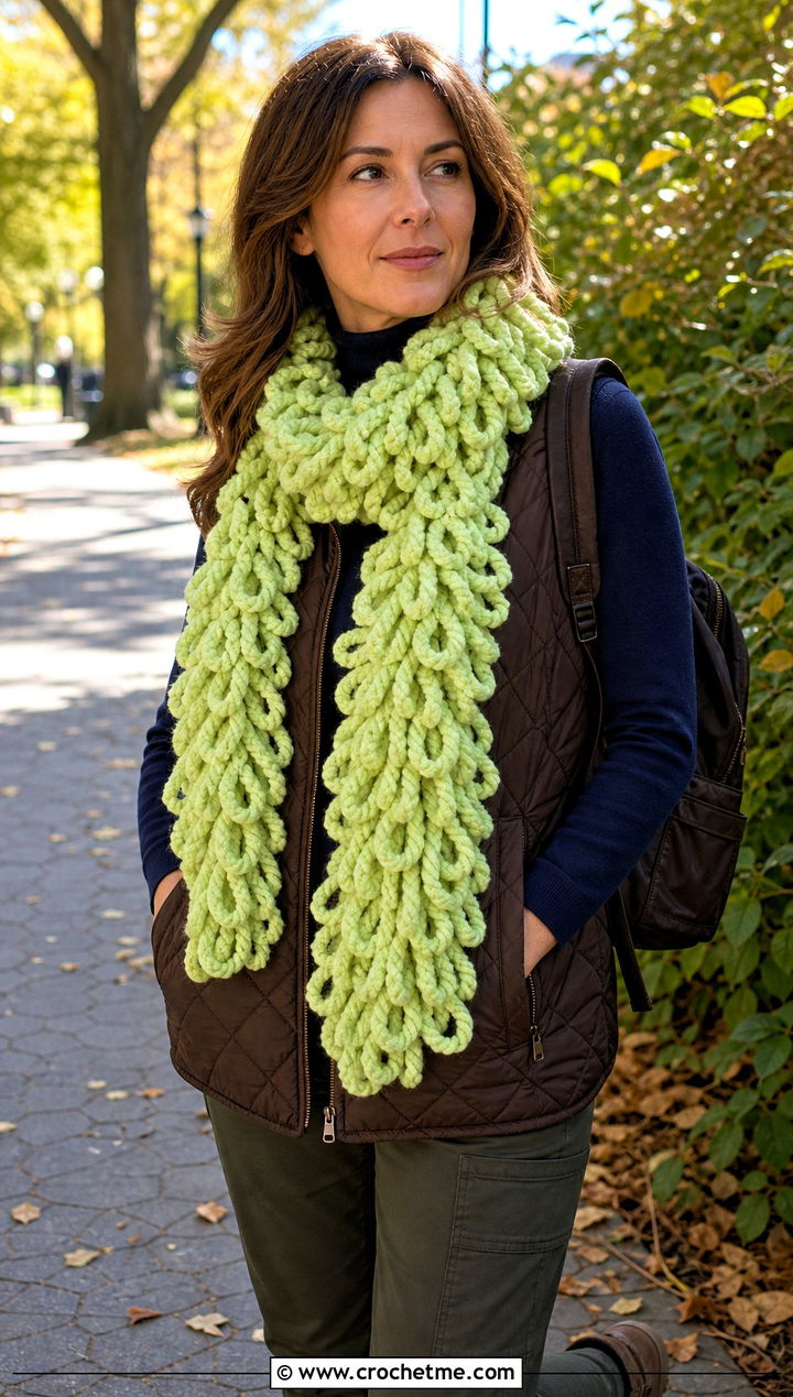 Jumbo Loop Stitch Crochet Scarf With Quilted Vest - 15 Jumbo Yarn Crochet Scarf outfit ideas