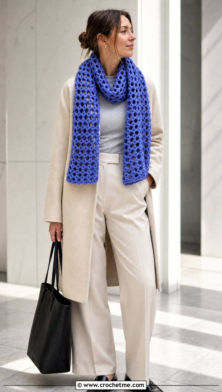 Jumbo Mesh Crochet Scarf With Minimalist Coat - 15 Jumbo Yarn Crochet Scarf outfit ideas
