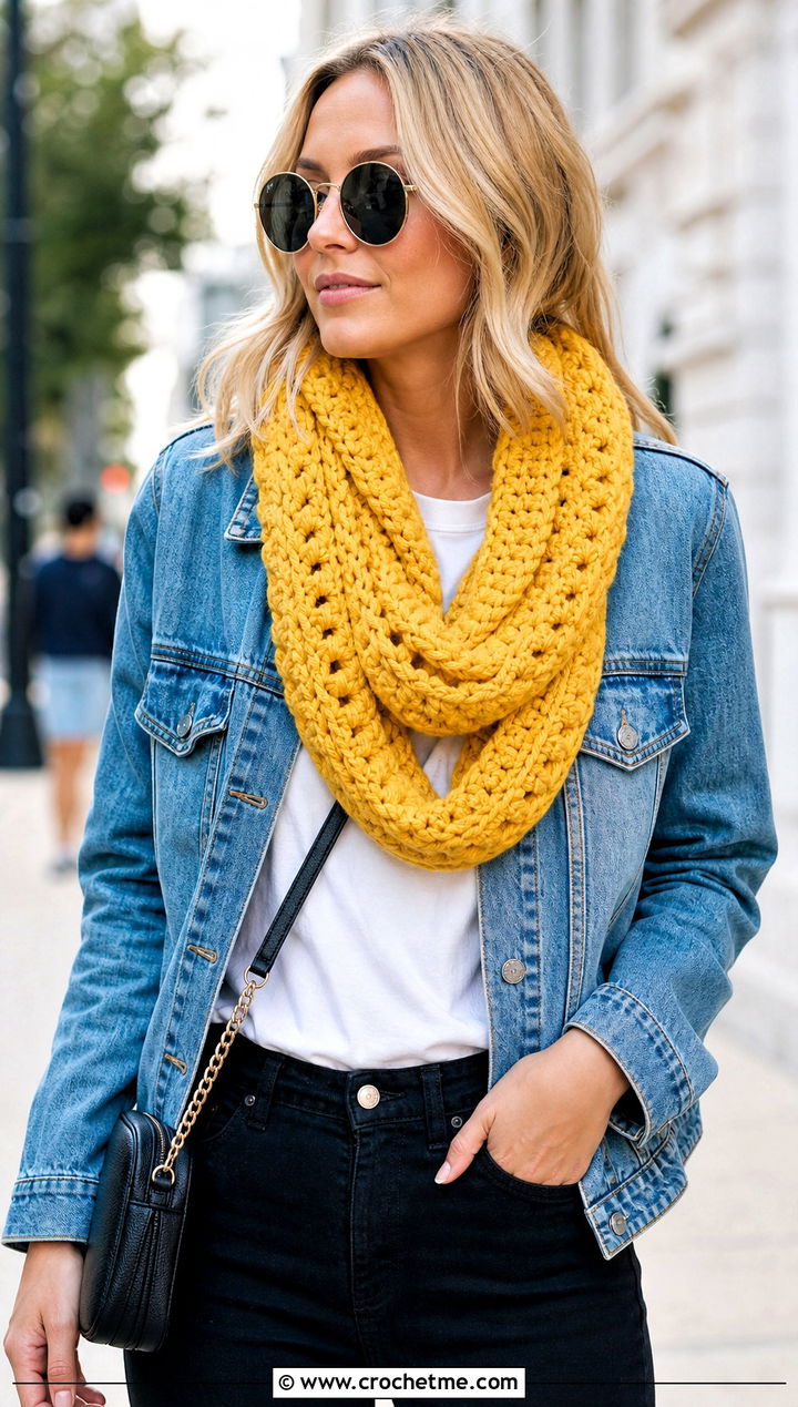 Jumbo Oval Link Scarf With Denim Jacket - 25 Crochet Chain Link Scarf outfit ideas