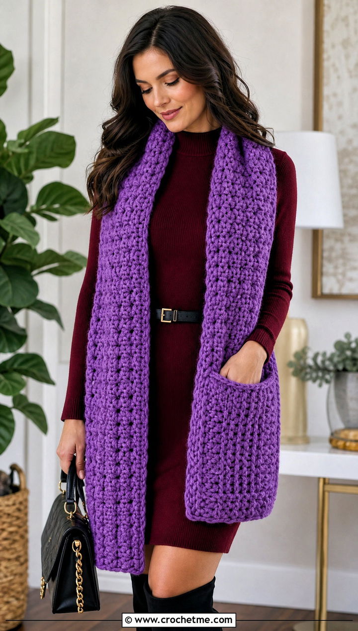 Jumbo Pocket Crochet Scarf With Sweater Dress - 15 Jumbo Yarn Crochet Scarf outfit ideas