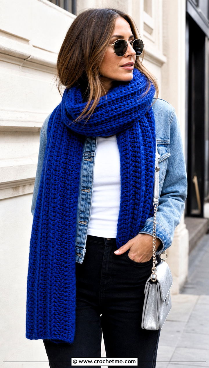 Jumbo Ribbed Crochet Scarf With Denim Jacket - 15 Jumbo Yarn Crochet Scarf outfit ideas