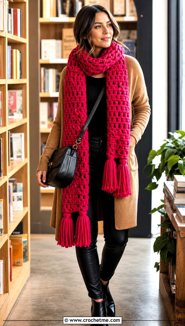 Jumbo Tassel Crochet Scarf With Long Cardigan - 15 Jumbo Yarn Crochet Scarf outfit ideas