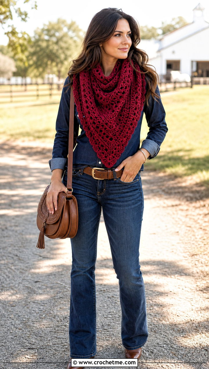 Jumbo Triangle Crochet Scarf With Western Denim Outfit - 15 Jumbo Yarn Crochet Scarf outfit ideas
