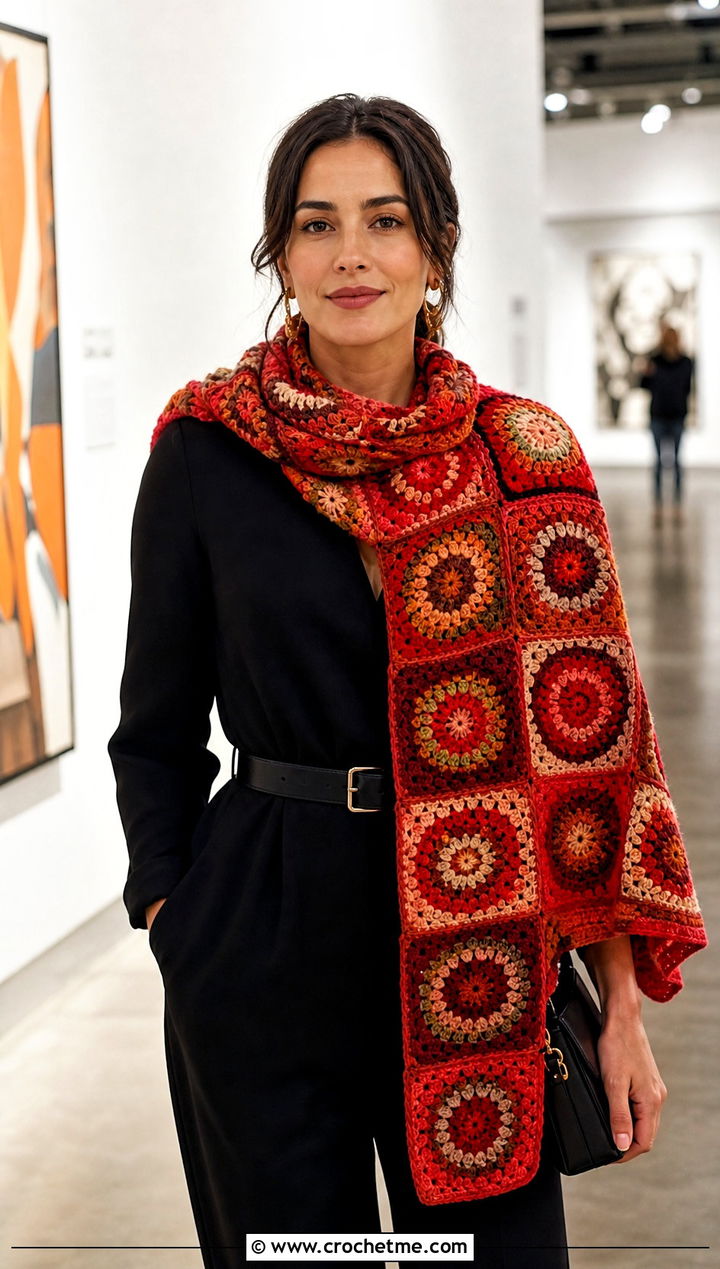 Kaleidoscope Granny Square Scarf With Black Jumpsuit - 30 crochet scarf squares outfit ideas