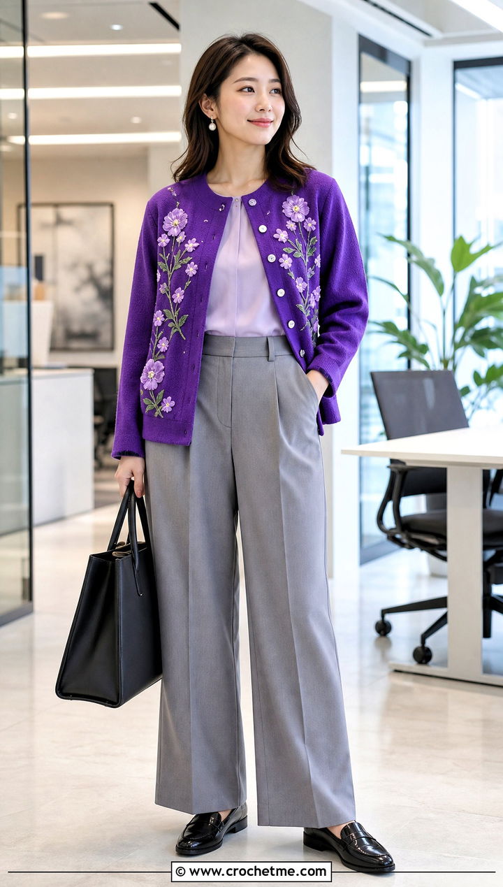 Kanao Floral Motif Cardigan With Tailored Trousers - 35 Demon Slayer Crochet Cardigan outfit ideas