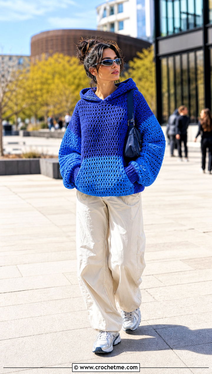 Kangaroo Pocket Crochet Hooded Sweater With Parachute Pants - 30 crochet hooded sweater outfit ideas