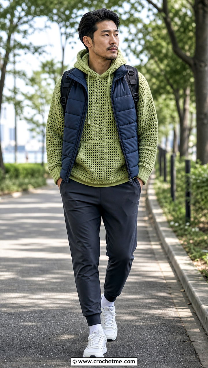 Kangaroo Pocket Crochet Hoodie With Puffer Vest And Joggers - 25 Crochet Hoodie Men outfit ideas