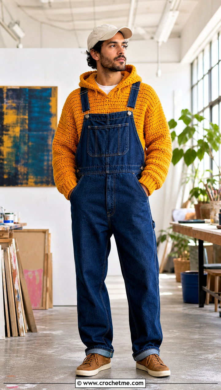 Kangaroo Pocket Crochet Hoodie With Workwear Overalls - 30 crochet mens hoodie outfit ideas