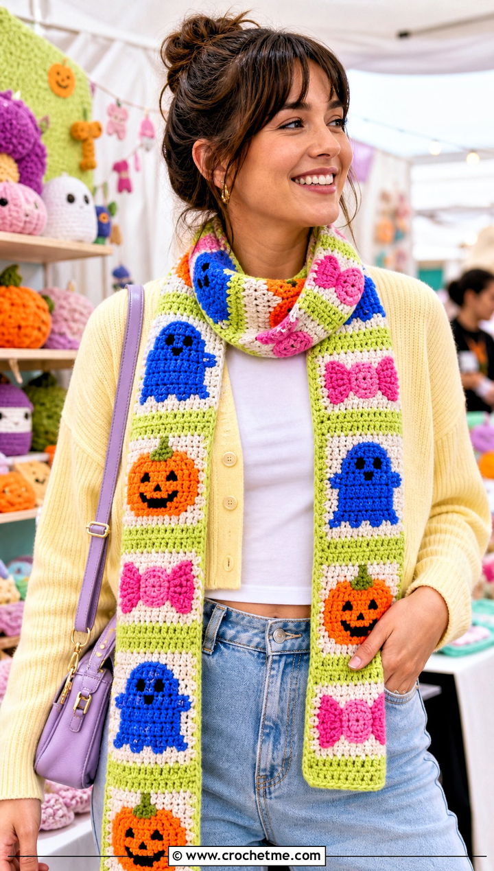 Kawaii Halloween Sampler Scarf With Cardigan - 20 crochet halloween scarf outfit ideas