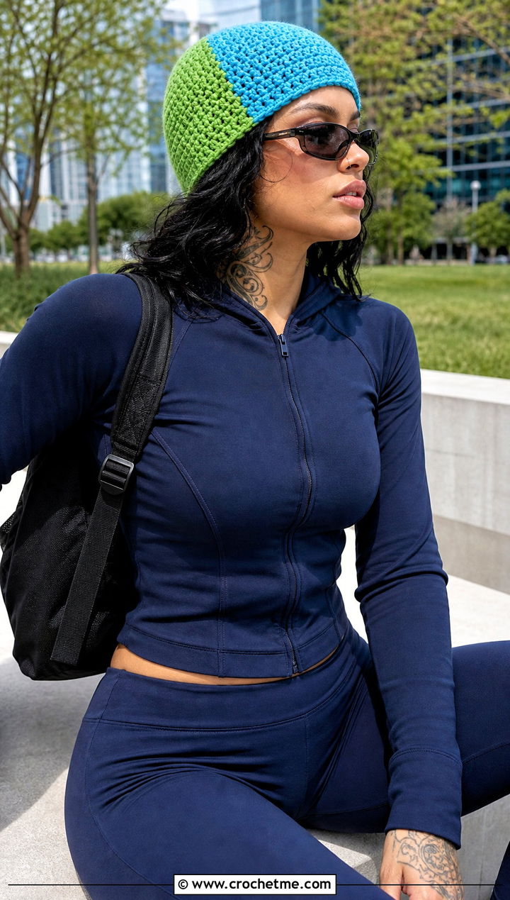 Kehlani Color Block Crochet Beanie With Athleisure Set - 15 kehlani crochet hat outfit ideas