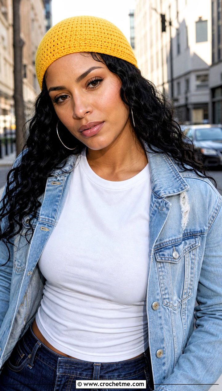 Kehlani Fitted Crochet Skull Cap With Denim Jacket - 15 kehlani crochet hat outfit ideas