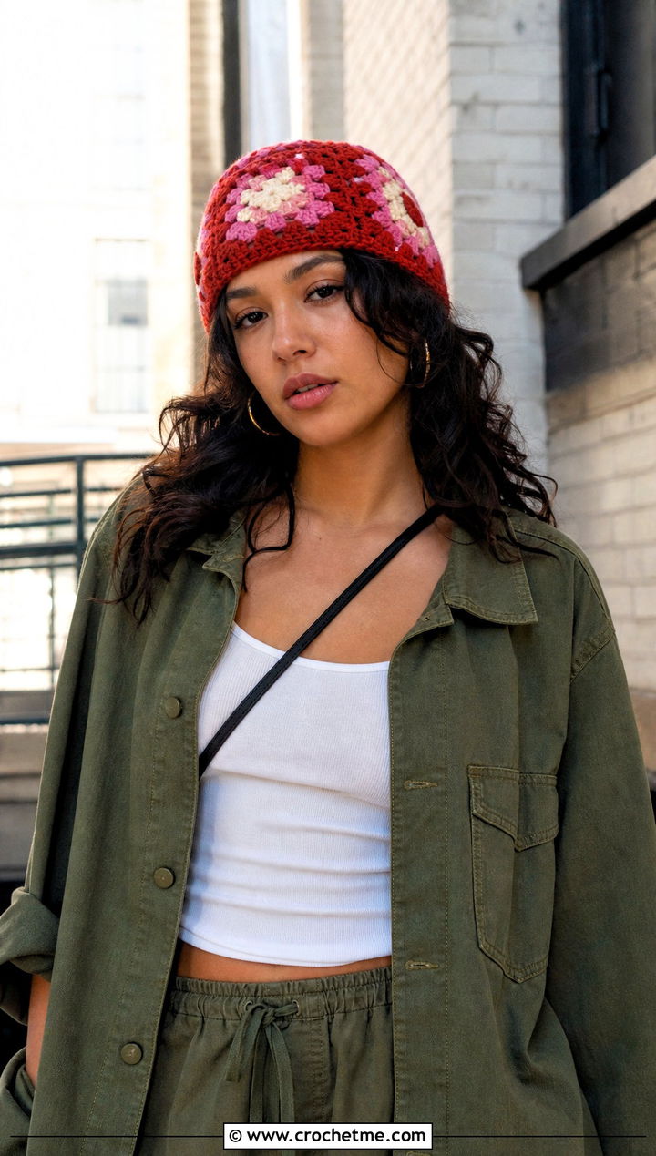 Kehlani Granny Square Crochet Beanie With Cargo Pants - 15 kehlani crochet hat outfit ideas