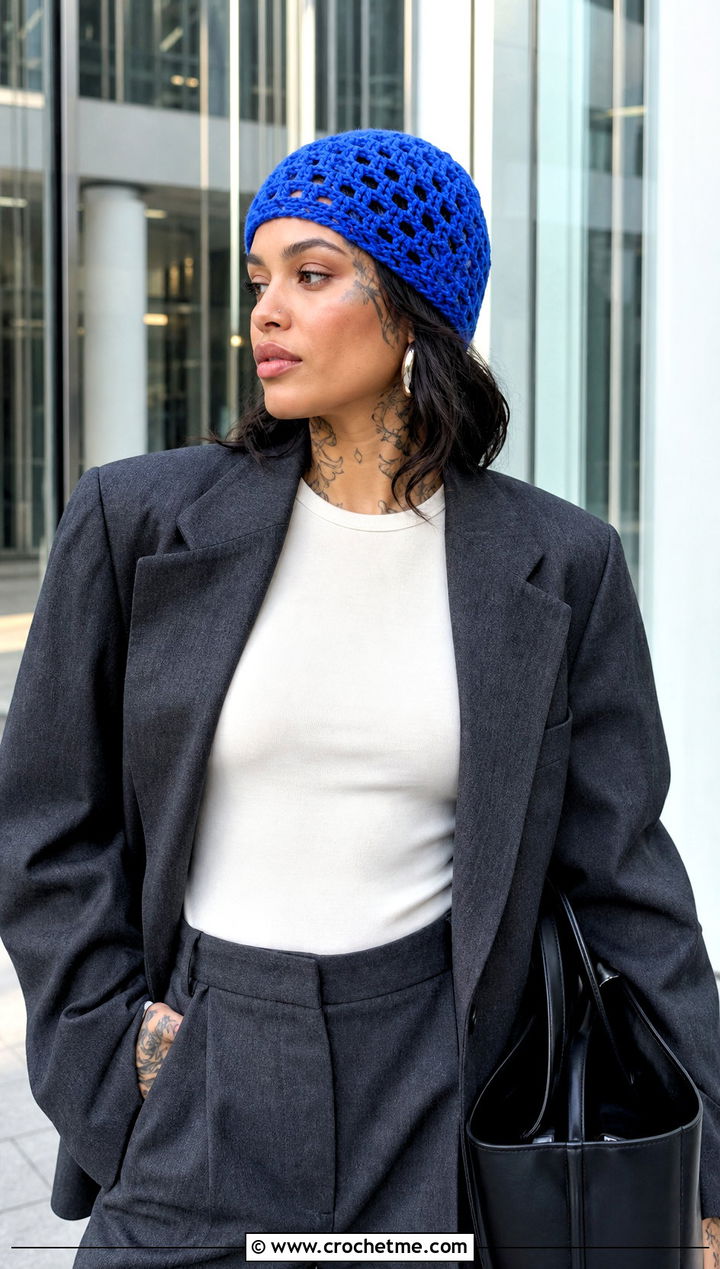 Kehlani Openwork Crochet Beanie With Blazer And Trousers - 15 kehlani crochet hat outfit ideas
