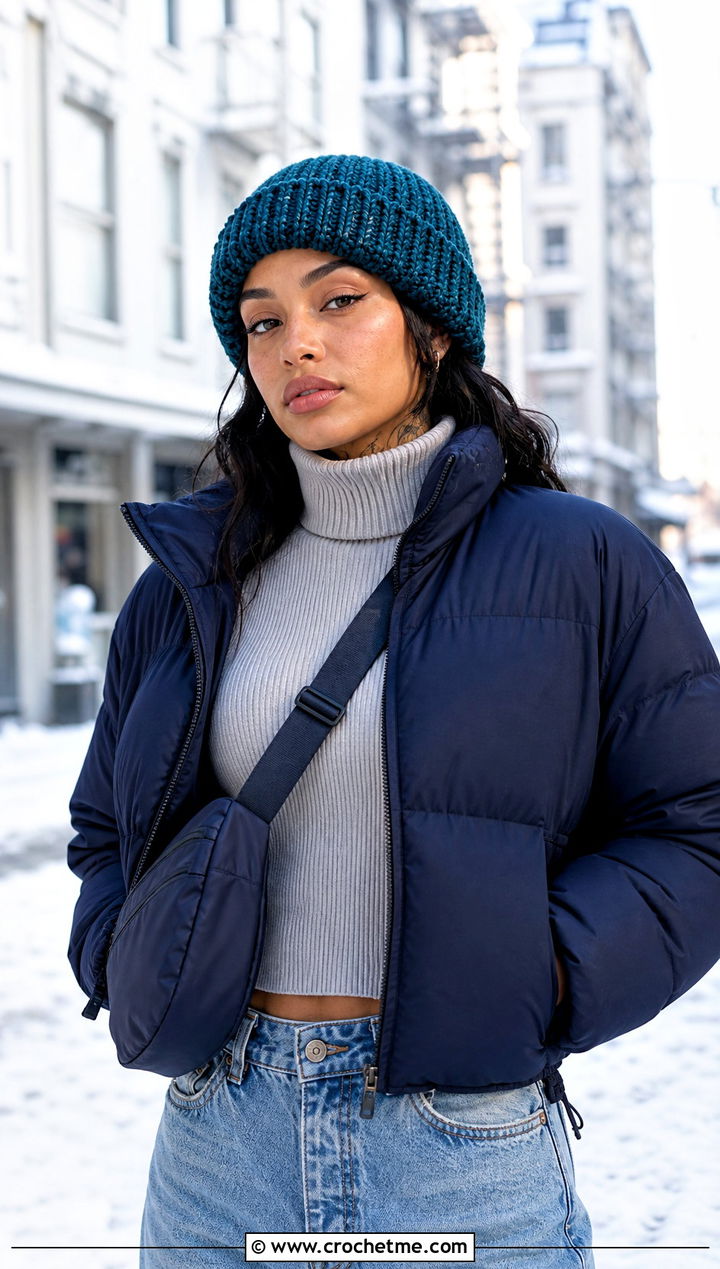 Kehlani Ribbed Fold Over Crochet Beanie With Puffer Jacket - 15 kehlani crochet hat outfit ideas