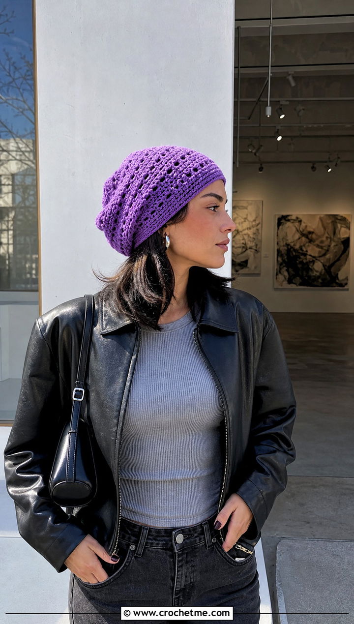 Kehlani Slouchy Crochet Beanie With Leather Jacket - 15 kehlani crochet hat outfit ideas