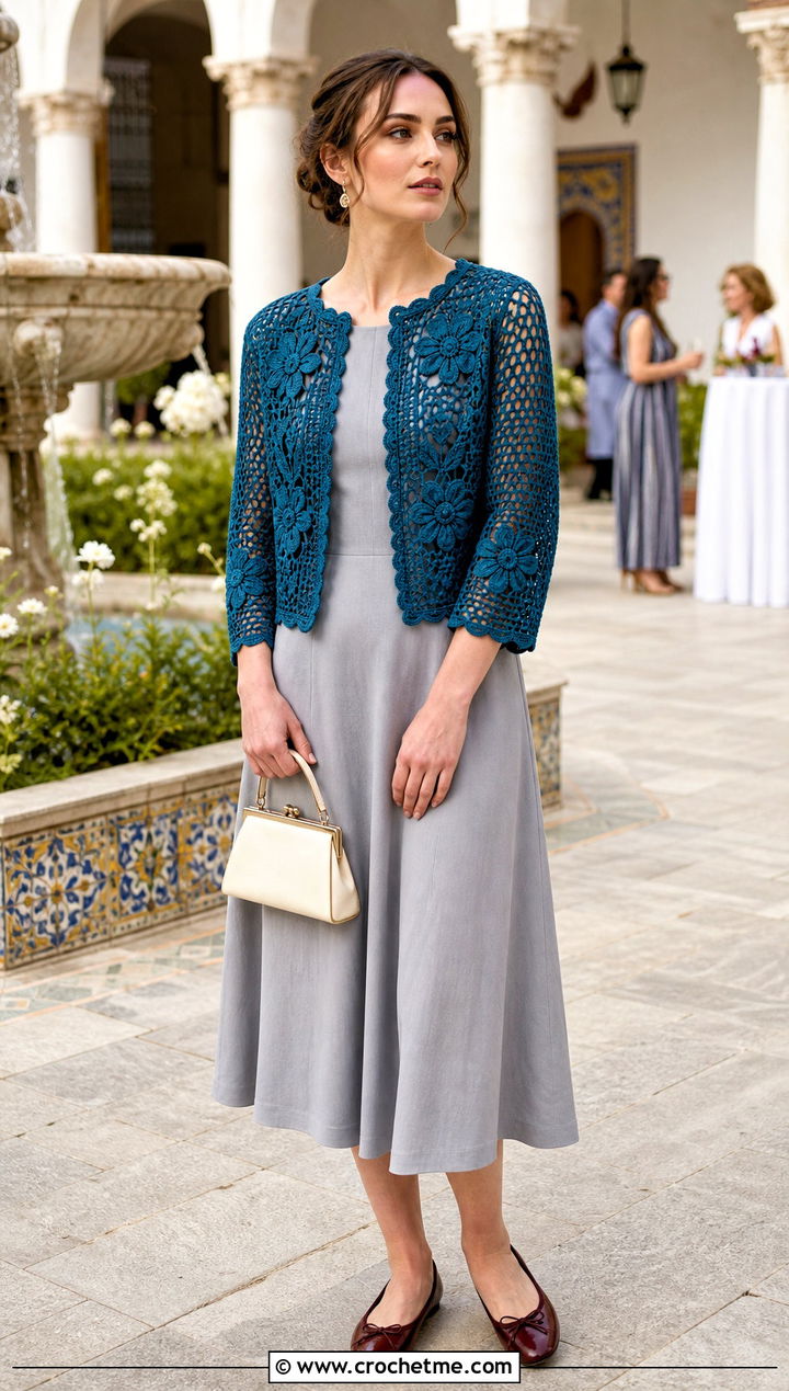 Keira Knightley Crochet Jacket With A Line Midi Dress - 25 Celebrities Crochet Outfit ideas