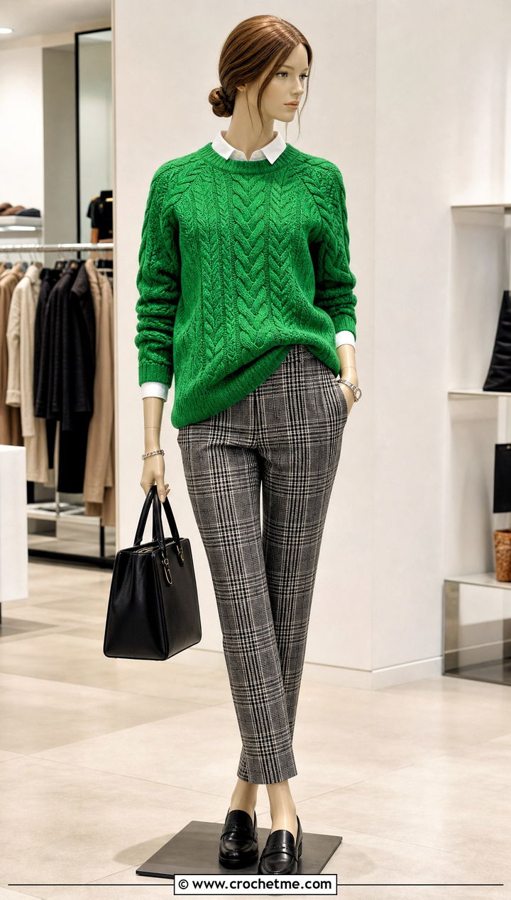 Kelly Green Cable Crochet Sweater With Plaid Trousers - 15 Green Crochet Sweater On Mannequin outfit ideas