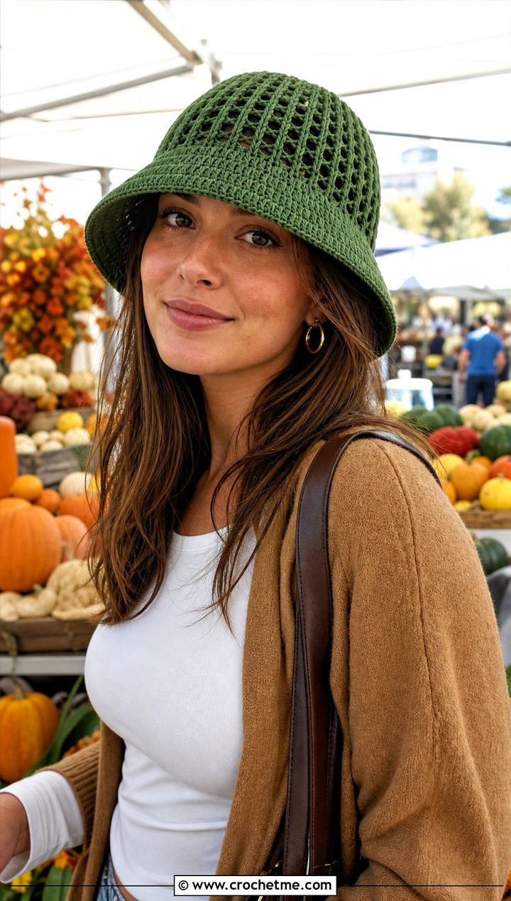 Kelly Green Drop Stitch Mesh Bucket Hat With Fall Layers - 30 crochet mesh bucket hat outfit ideas