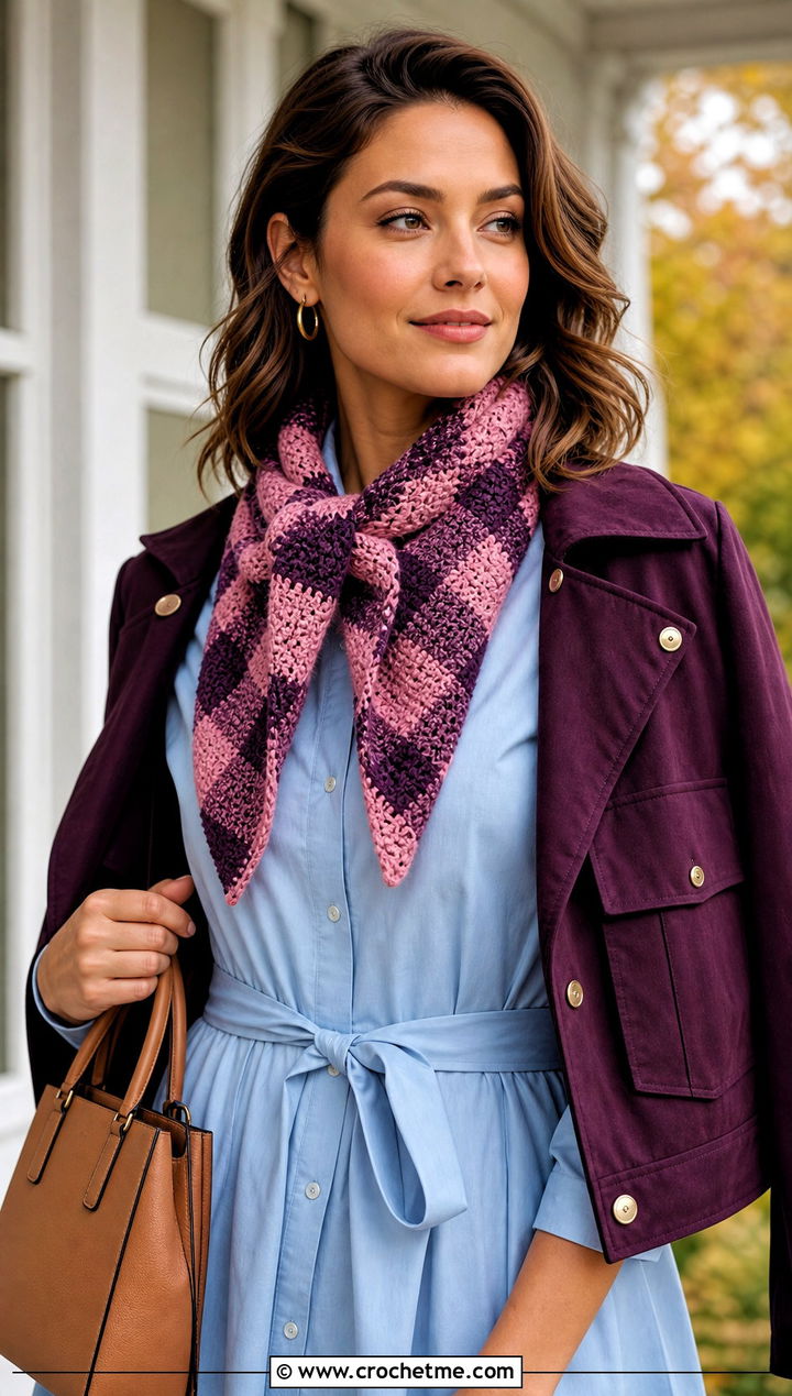 Kerchief Buffalo Plaid Crochet Scarf With Shirt Dress - 15 buffalo plaid crochet scarf outfit ideas